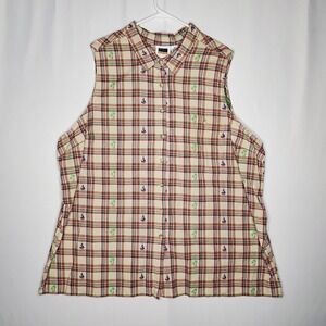 CST Sport Sleeveless Button Collar Top Women 4X Sailboat Plaid Palm Tree Coastal